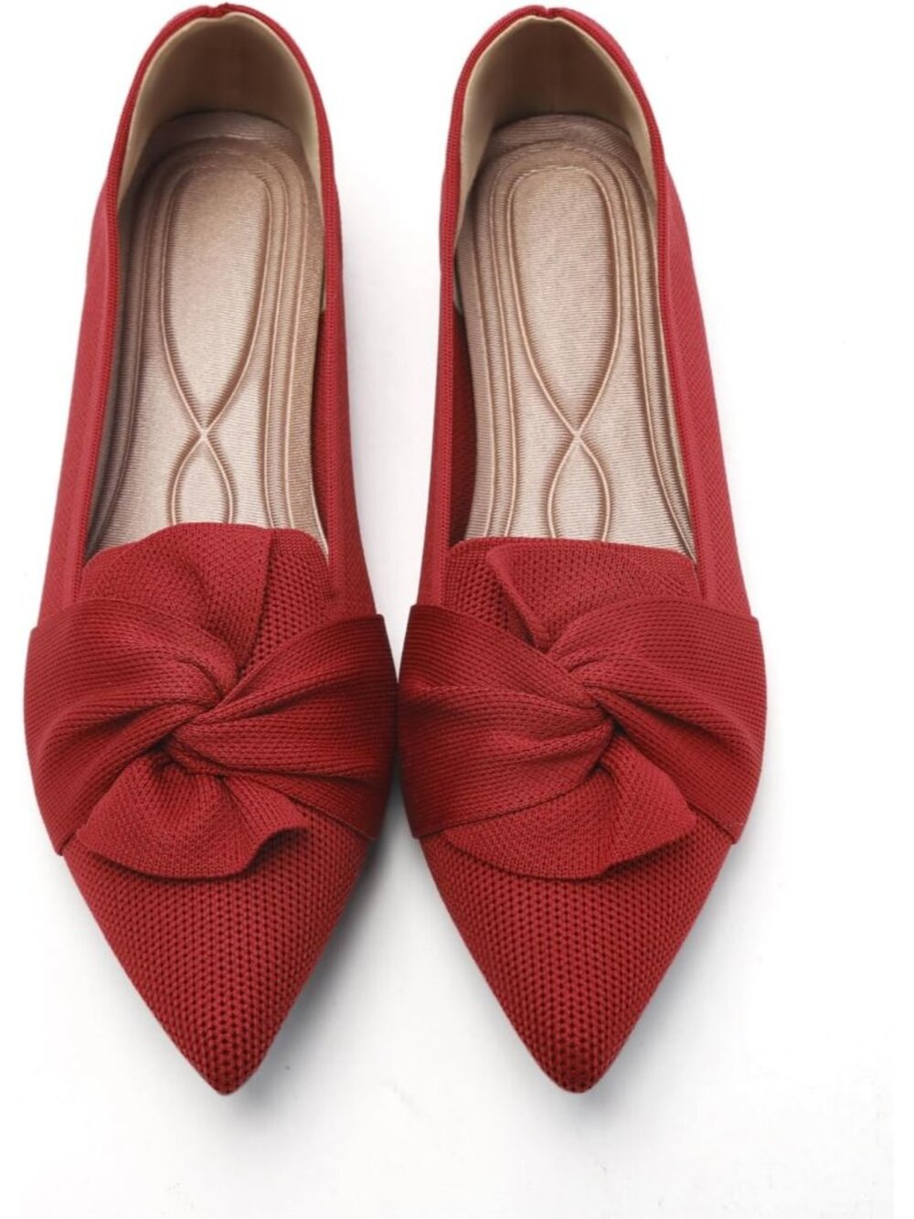 Women's Red Pointed Toe Ballet With Bow Comfortable Knit Dressy Flats Shoes